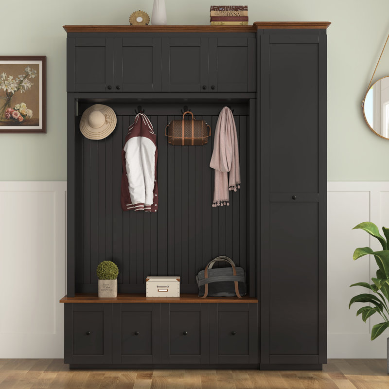 Hall Tree With Storage Bench, Coat Organization With Hooks, Tall Utility Cabinet, Modern Farmhouse, Entryway, Black