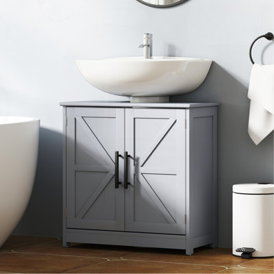 Armoire de rangement à piédestal, lavabo de salle de bain avec 2 portes de grange et tablette réglable, gris foncé (sans lavabo)