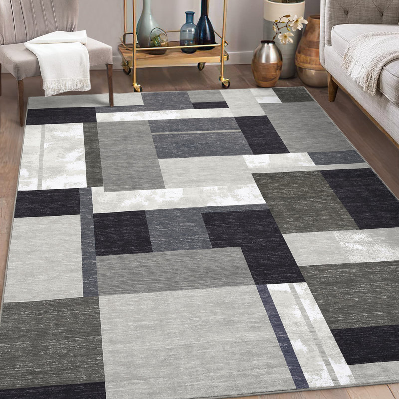 Tapis géométrique moderne antitaches à carreaux pour le salon, Rectangle 8 pi x 10 pi