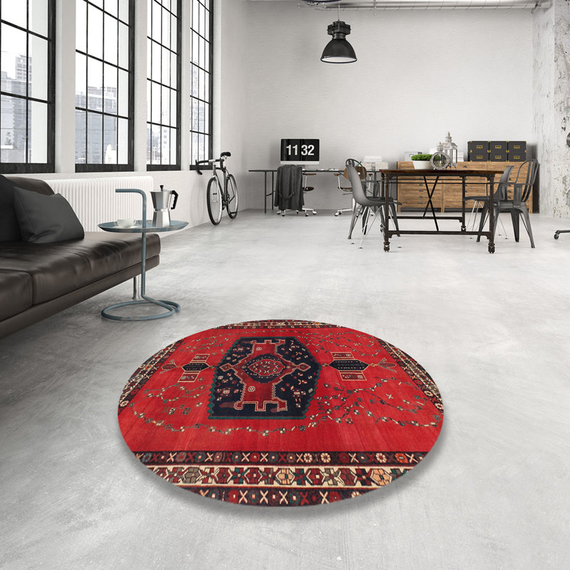 Tapis traditionnel rouge / noir, Rond 3 pi