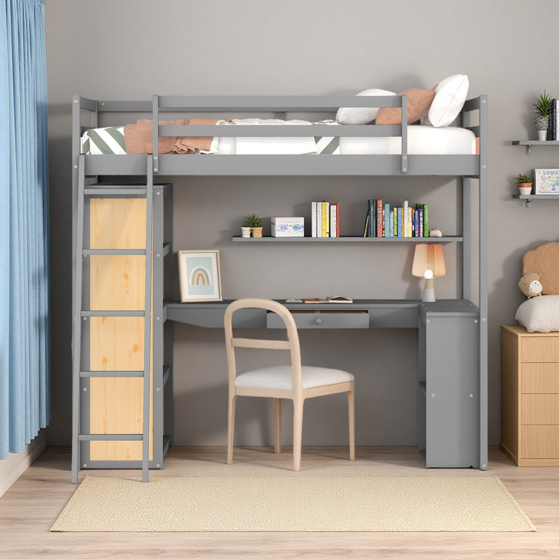 Lit mezzanine avec échelle, tablettes et bureau, Gris