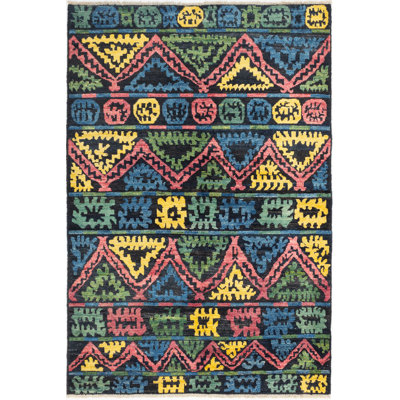 Tapis unique en laine noué à la main bleu / rouge / jaune années 2010 6 pi 3 po x 9 pi 2 po Penellope