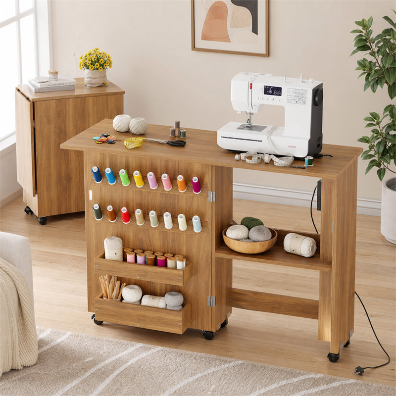 Bureau de couture mobile pliant avec station de charge et tablettes de rangement