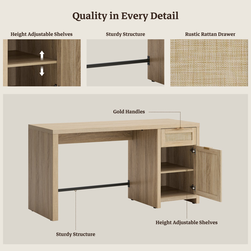 59.05''W Boho Rattan Desk with Spacious Workspace and Hidden Storage, Light Oak