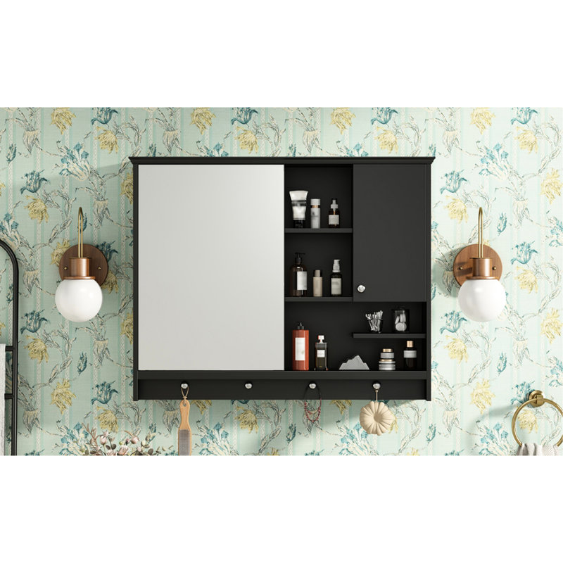 Armoire de salle de bain à miroir murale 36 pouces avec tablette de rangement réglable moderne noire