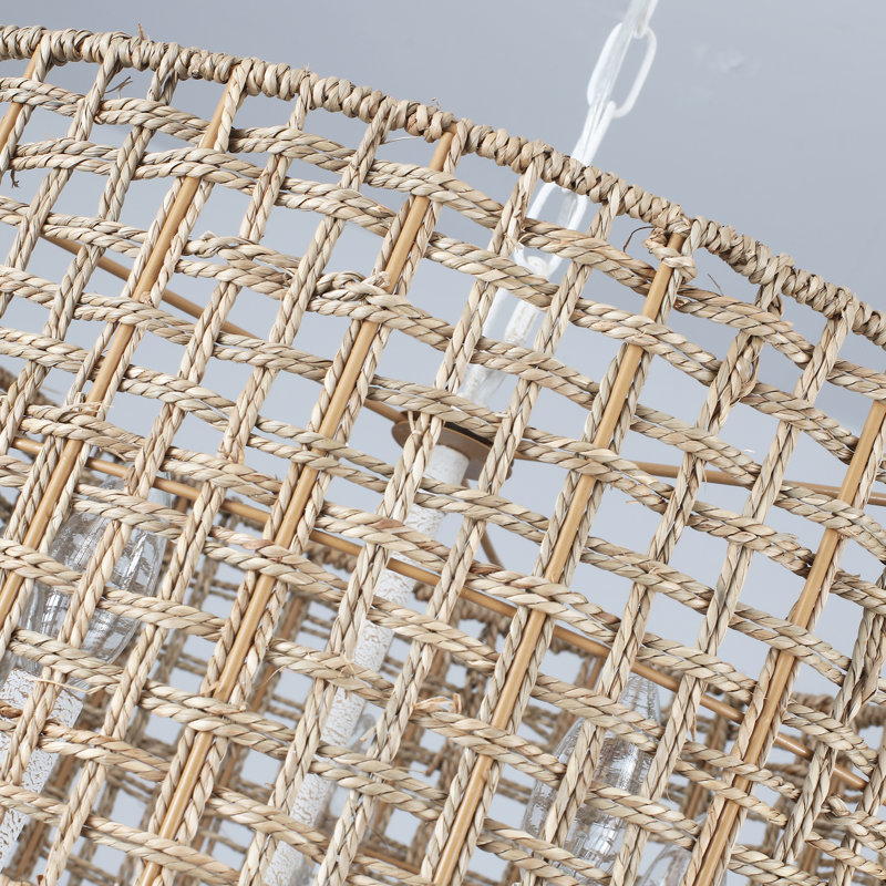 Luminaire suspendu bohème en rotin naturel à 5 lumières Ekkehard, Blanc vieilli