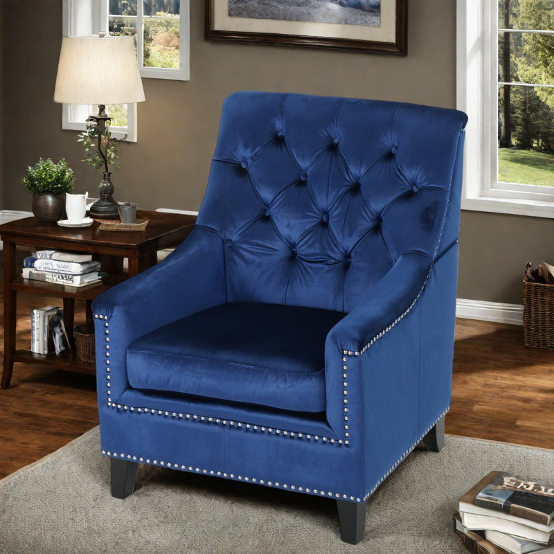 Fauteuil d'appoint luxueux en velours bleu marine, design capitonné, parfait pour la maison