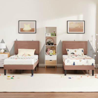 Cadena 2 Pack Coffee Twin Upholstered Platform Bed Frame with Tufted Adjustable Headboard,Noise-Free Twin Size Bed with 8 Inch Under-Bed Storage