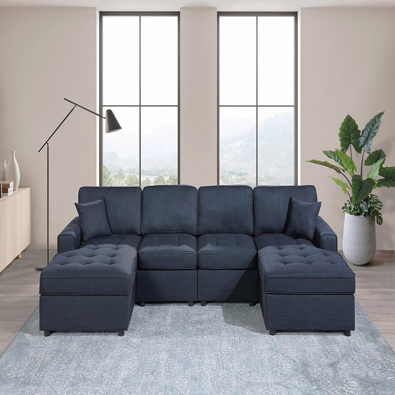 Contemporary Style Sectional Sofa Set Raf And Laf Chaise Armless Chairs Dark Blue Color Dorris Fabric Tufted Couch Pillows Living Room
