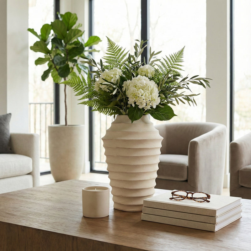 Decorative Textured Ribbed Table Vase with Chiseled Design for Home Decor - Sculptural Tall Flower Vase for Shelf or Kitchen Accent - Ivory and Tan