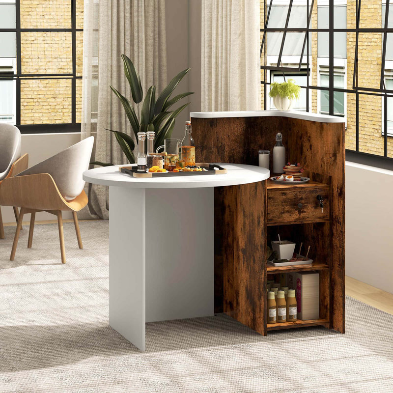 Front Reception Counter Desk Checkout Office Desk With Open Shelf & Lockable Drawer, Brown