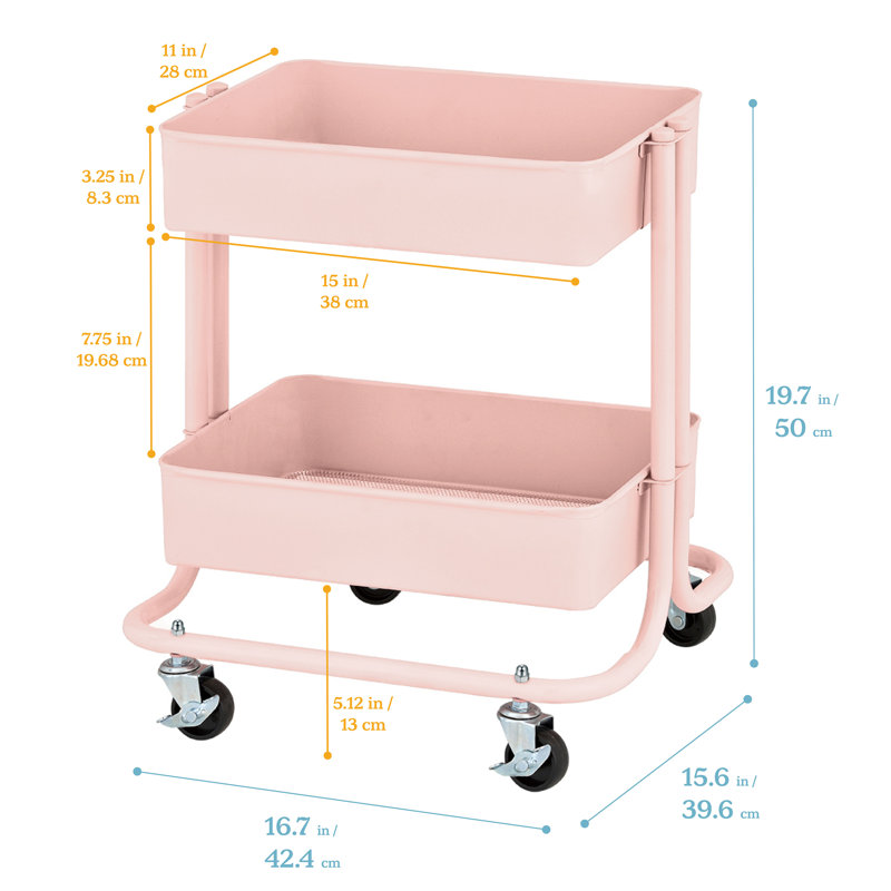 ECR4Kids Pink 2-Tier Metal Rolling Utility Cart