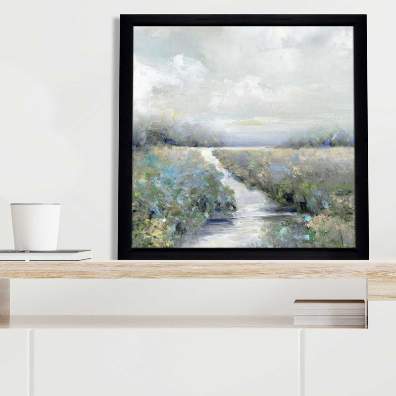 Péninsule par Sally Swatland - Peinture, L 25,5 po x H 25,5 po, Cadre noir