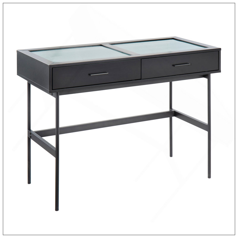 Emery Contemporary Console Table In Black Wood, Black Steel, And Glass Top By Lumisource, Black