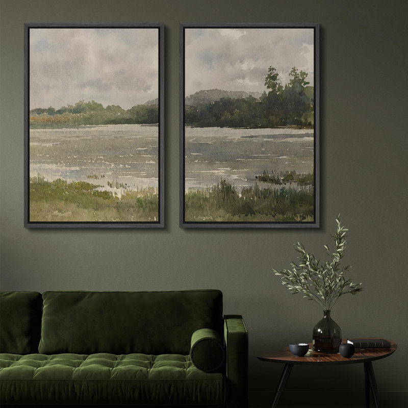 «Quiet Lakeside Morning Peaceful Nature Scene», 2 pièces sur toile, Noir, H 24 po x l 32 po