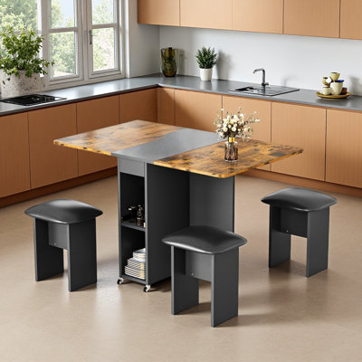 Foldable Dining Table Set With 4 Stools, Rolling Extendable Kitchen Table For Small Spaces, Multifunctional Convertible Desk, 4 Colors