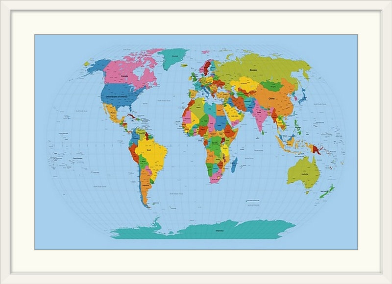 «World Map Bright» par Francy, impression, H 28 po x l 38 po x P 1 po, Cadre blanc