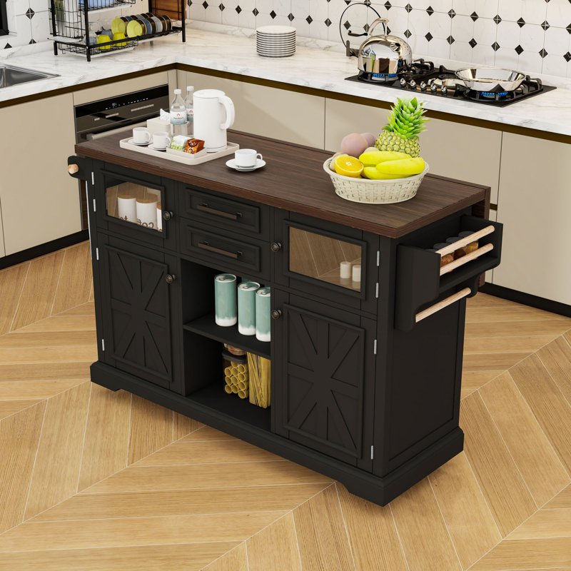 Îlot de cuisine roulant avec abattant, prise de courant, tablettes réglables et armoire de rangement, Noir