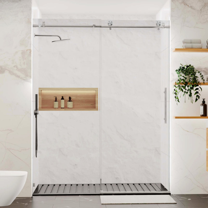 Porte de douche sans cadre, porte de douche coulissante pour salle de bain, Nickel brossé