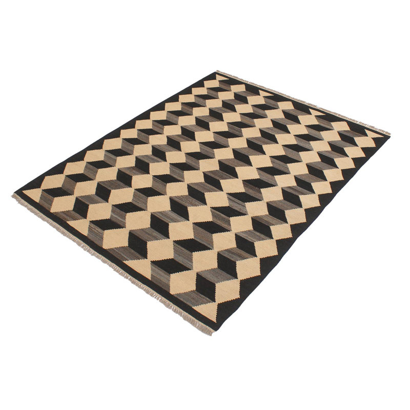 Tapis géométrique beige / noir / gris en laine tissé à la main à motif géométrique 4 pi x 5 pi 10 po Cedorah