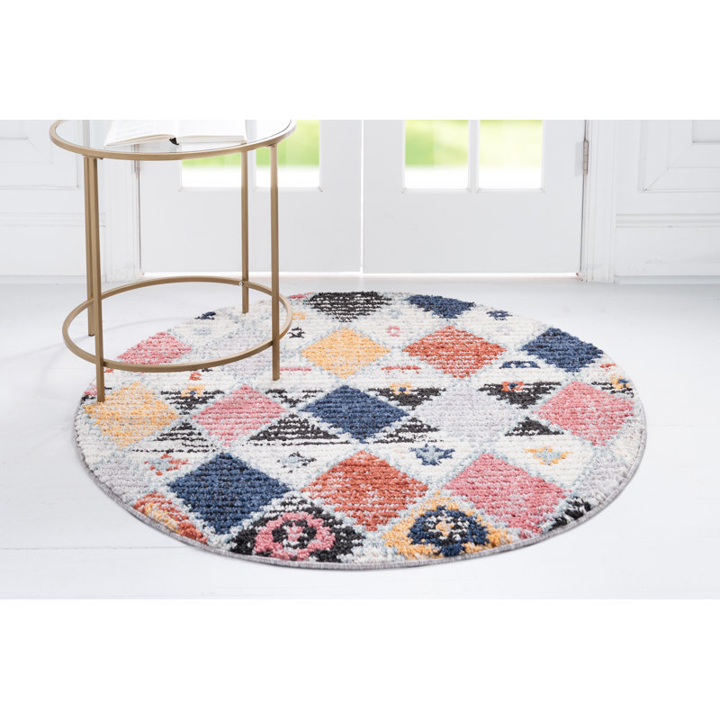 Tapis géométrique bleu marine / jaune / orange, Rond 4 pi 1 po