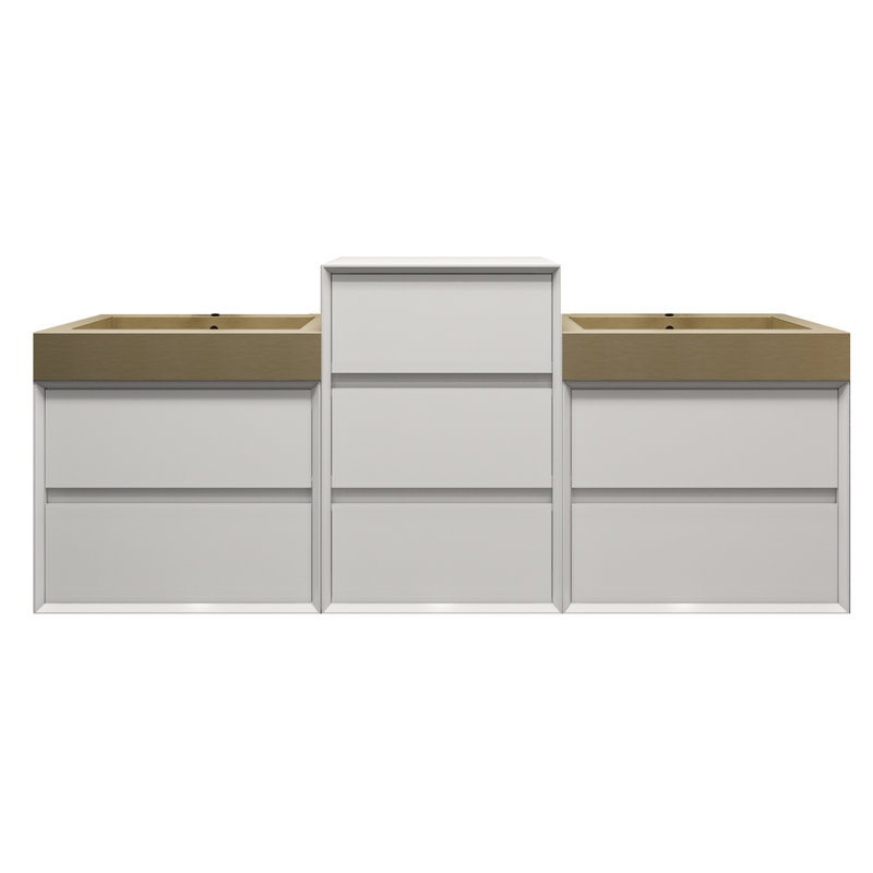 Meuble-lavabo mural blanc brillant 80 po avec double lavabo en acier doré Lux