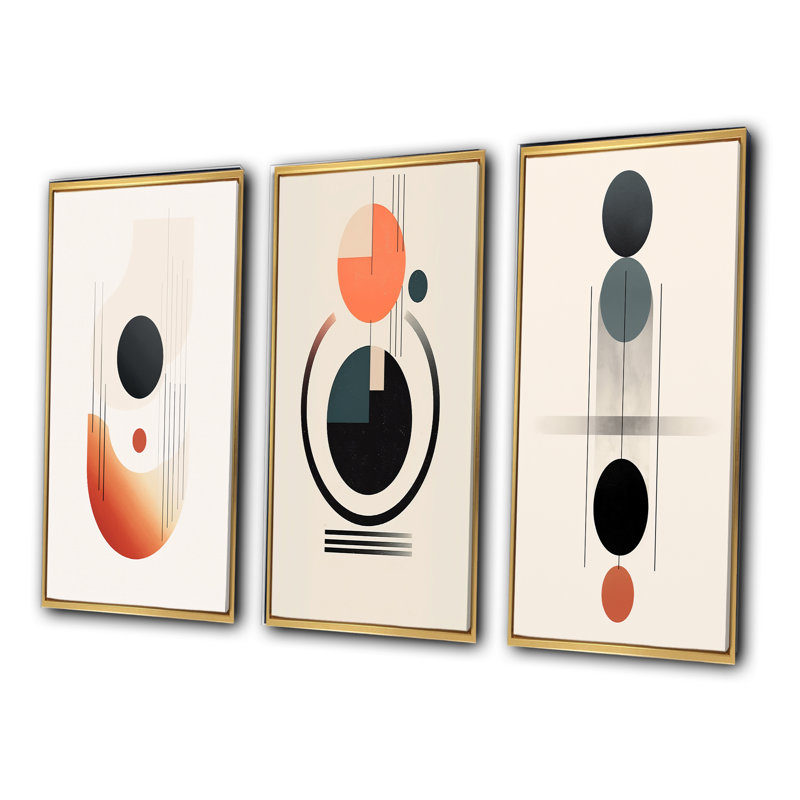 Full Moon Delight Retro Geometric Minimalism - Transitional Art Set Of 3 Pieces, Encadrement doré, H 40 po x l 60 po
