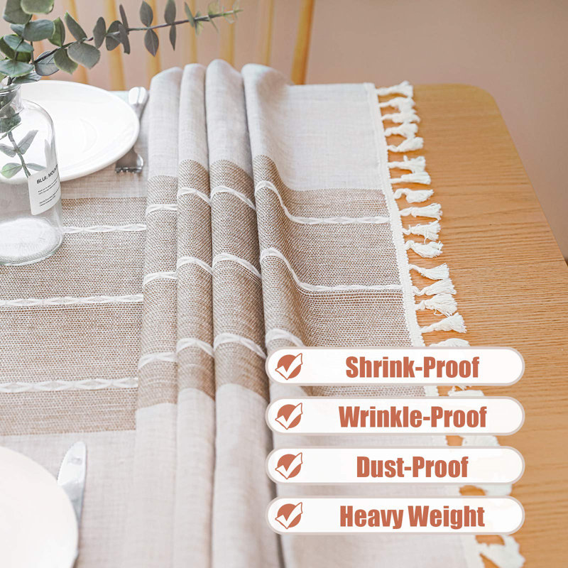 Beige and Off-White Round Cotton Linen Tablecloth with Tassels