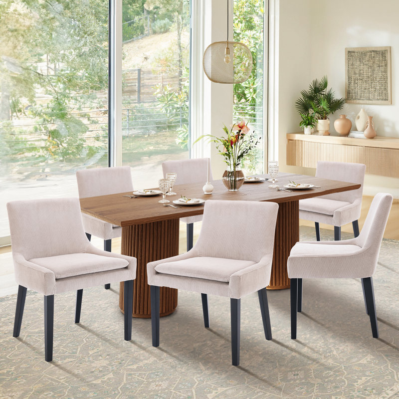Corduroy Upholstered Solid Wood Dining Chair Side Chair (Set of 6), Beige