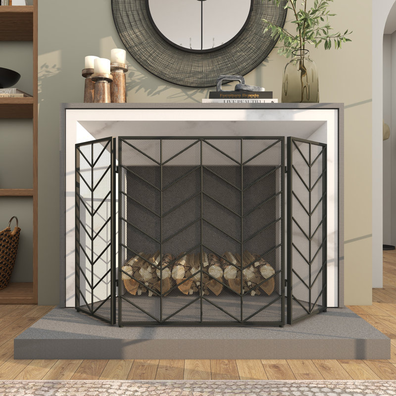 Venturi Metal Foldable Mesh Netting 3 Panel Geometric Fireplace Screen with Chevron Pattern, Black