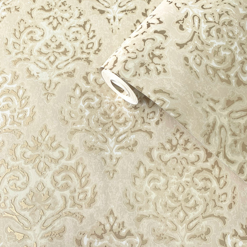 Lustre Metallic 3D Embossed Modern Damask Wallpaper Roll, Beige