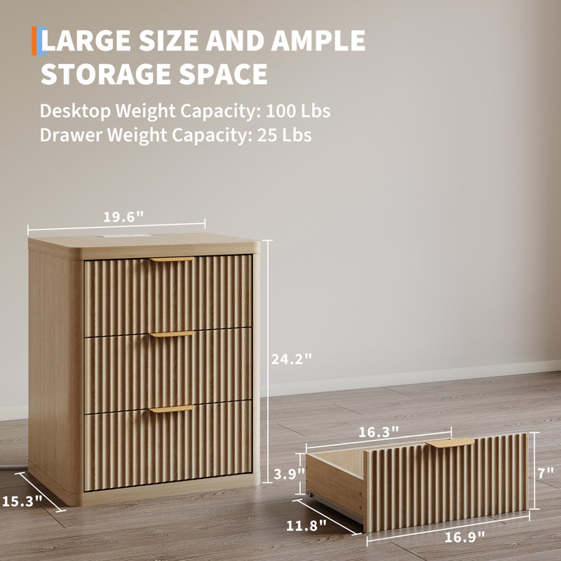 Ensemble de table de chevet cannelée en bois avec station de charge, 1/2 / 3 tiroirs, ports USB et Type-C, table d'appoint élégante et moderne