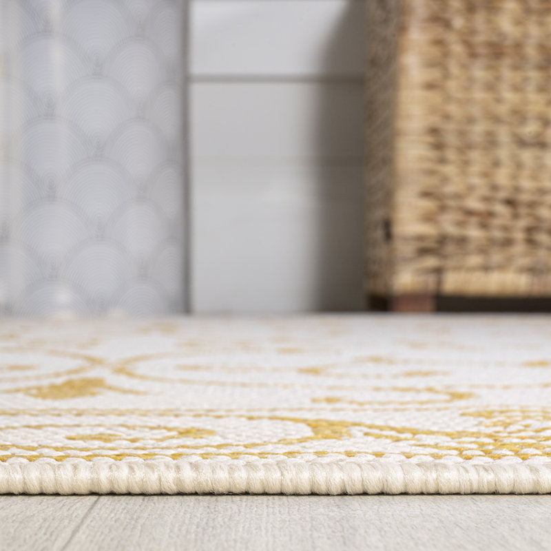 Debbe Vintage Filigree Textured Weave Cream/Yellow Indoor/Outdoor Rug, Runner 2'2" x 10'