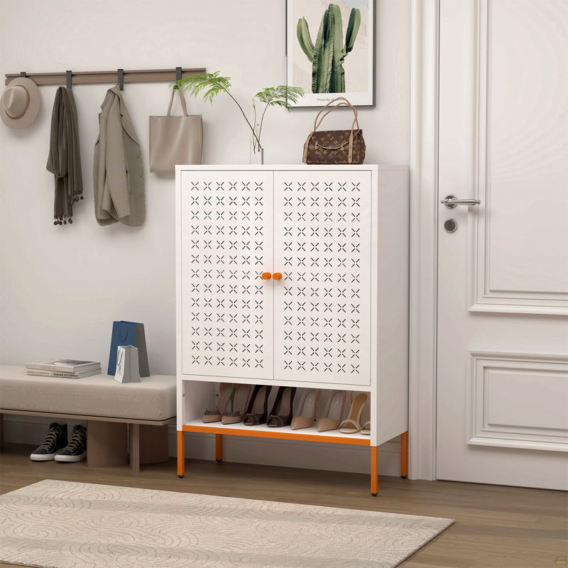 Armoire à chaussures à deux portes, trois compartiments réglables, Blanc