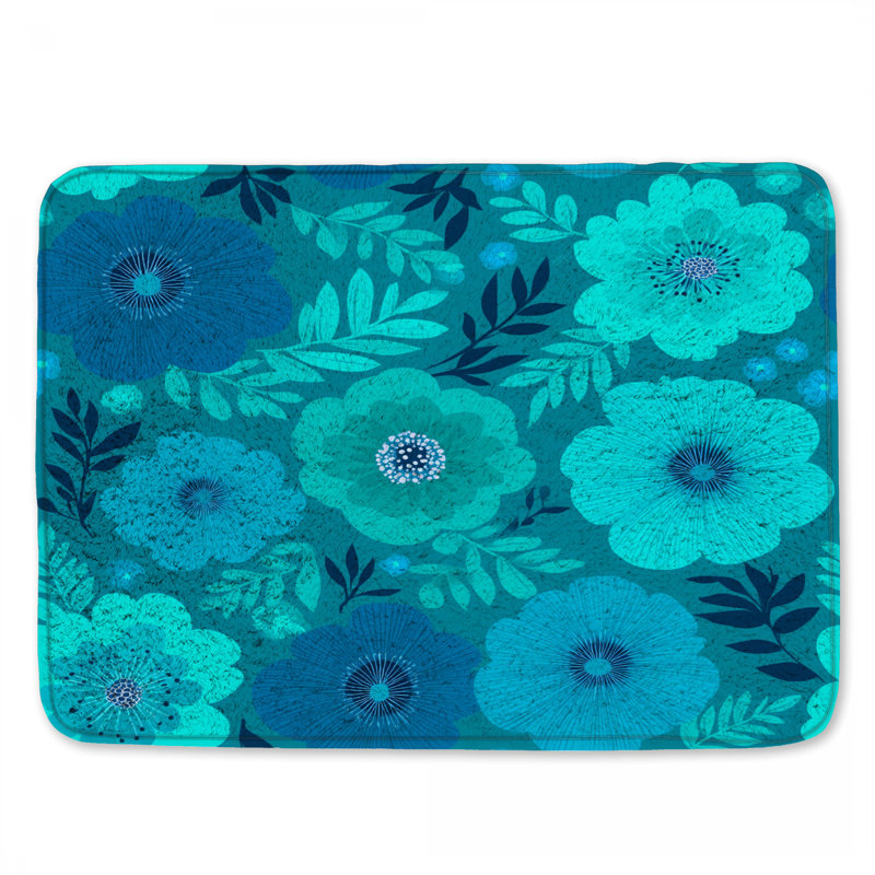 Tapis de bain floral, Simple - L 21 po x l 34 po, Motif floral bleu 2