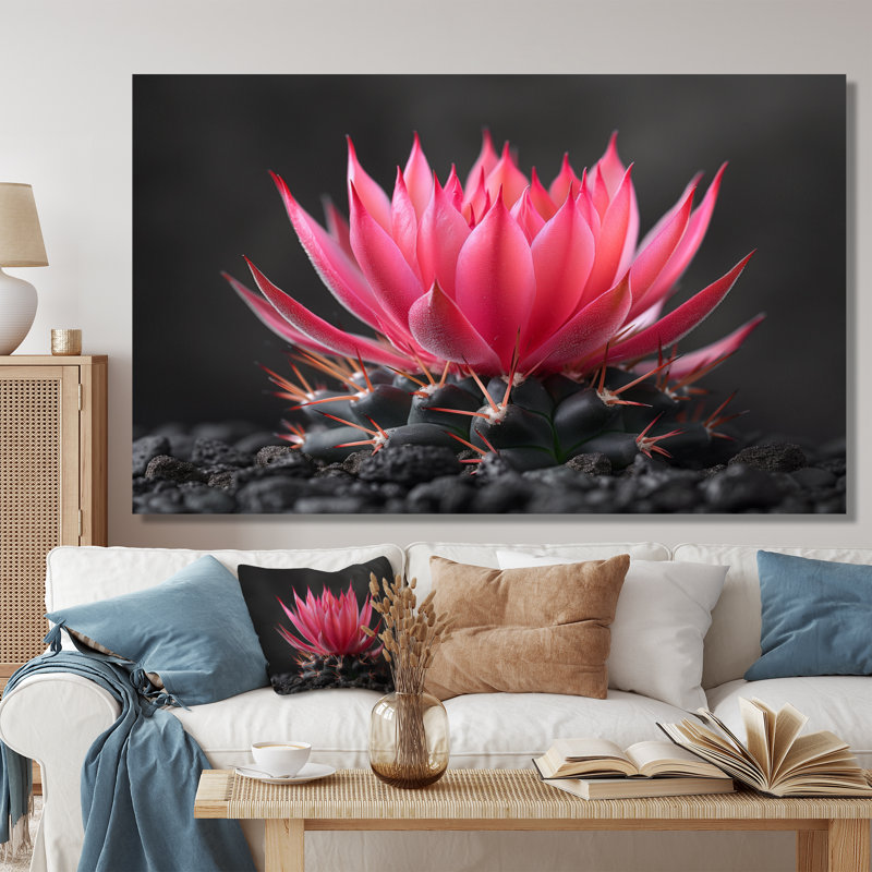 Cactus rose, gris, beauté florale - décoration murale cactus floral, Toile tendue, H 40 po x l 60 po