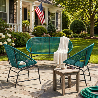 NUSA OUTDOOR PATIO WICKER 3-PCS CHAT SET, TEAL PE RATTAN & IRON FRAME