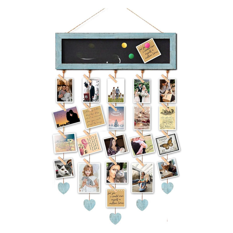 Picture Frames Collage Display Board With 30 Clips - Multi Photos Cards Organizer With Adjustable Twines And Magnetic Blackboard