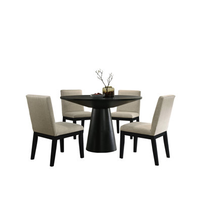 5 pièces avec table ronde de 47 po en noir - noir ébène, sièges ergonomiques rembourrés, composition de chaises en grain de bois naturel, apparence