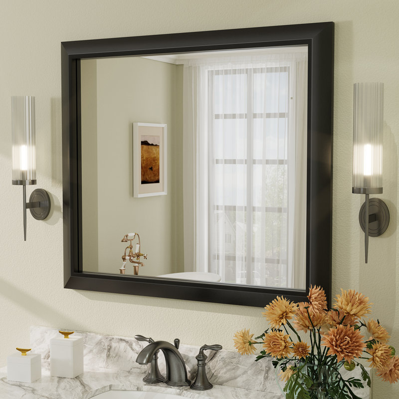 Amara Tempered Glass and Aluminum Alloy Framed French Cleat Mounted Wall Mirror, Matte Black, 36" x 30"