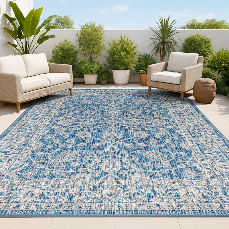 Tapis d'intérieur / d'extérieur tissé texturé bleu marine / gris Haupt, Rectangle 3 pi 1 po x 5 pi