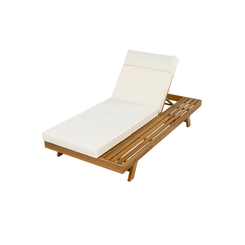 Lounge Chaise Set With Headrest, Space-Saving One-Side Design, Acacia Wood With Water-Resistant Tri-Fold Lounge Cushions, Cream+Teak