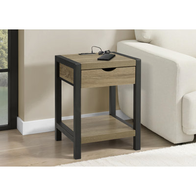 Table d'appoint, H 24 po, table de bout à 2 niveaux, table de chevet, tiroir de rangement, stratifié taupe foncé, métal noir, 1 pièce