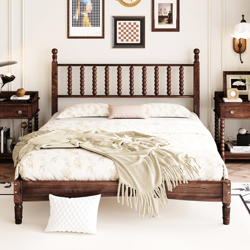 Walnut Finish Queen Size Bed, Gourd Shaped Headboard, Retro Platform Style Bed With Style, Platform, Durability