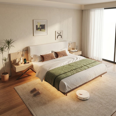 135.43" L Modern Floating King Platform Bed with Integrated Bedside Tables Reading Lamps and Led Lighting