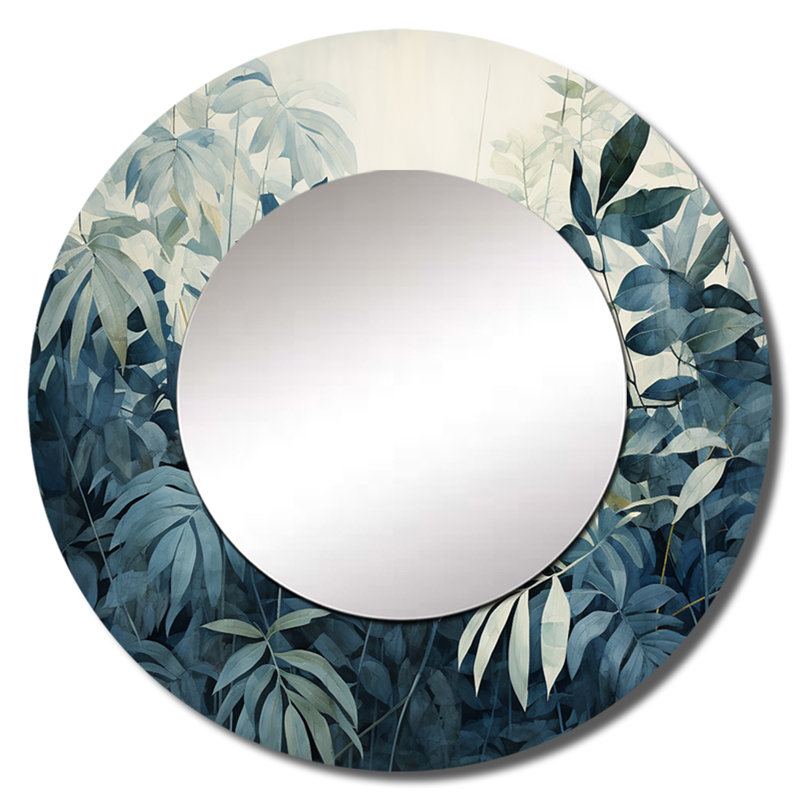 Shalima blanc et bleu Jungle Expression II - miroir jungle, miroir mural rond décoratif tropical, impression d'art en métal