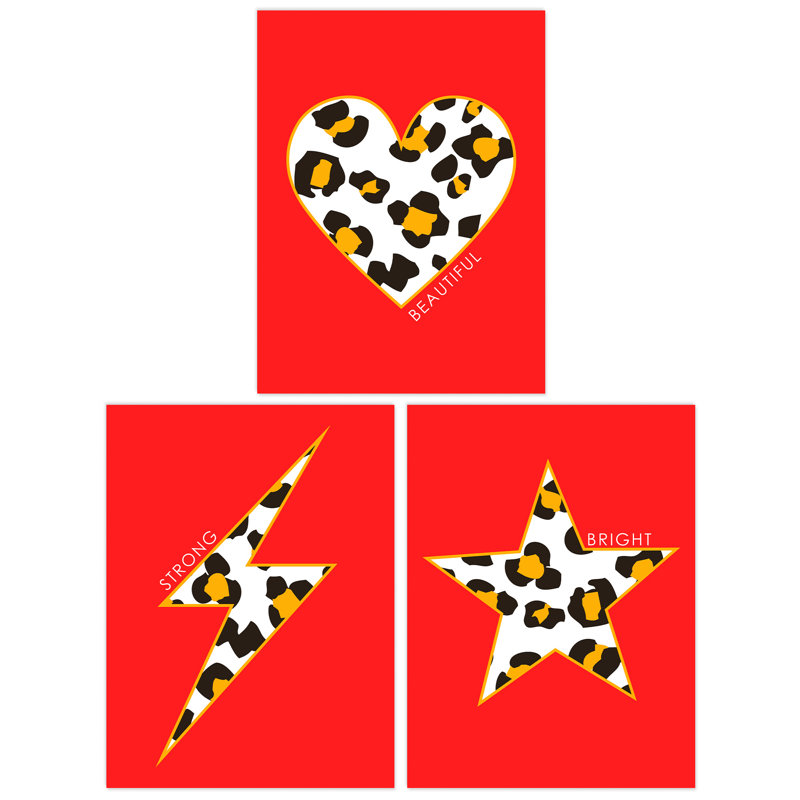 Leopard Pattern Heart Lightning Star Shape Red Motivational - 3 Piece No Frame Print Set, Multicoloured Red