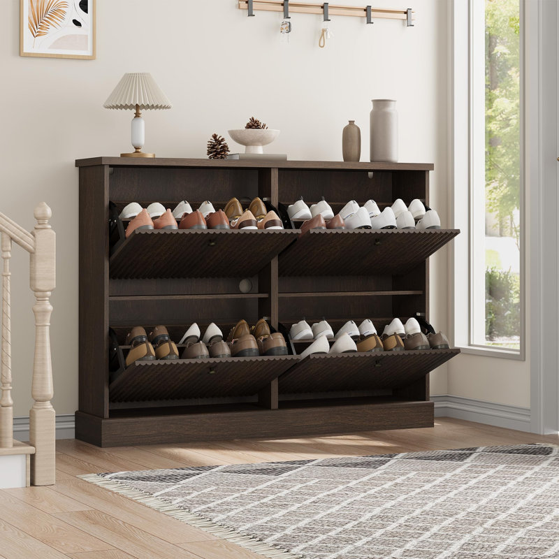 Armoire à chaussures moderne en noyer foncé - 4 tiroirs tournants - Tablettes réglables et amovibles - Unité de rangement autoportante étroite - Conception cannelée peu encombrante - Organisateur de chaussures cachées - Brun noyer foncé