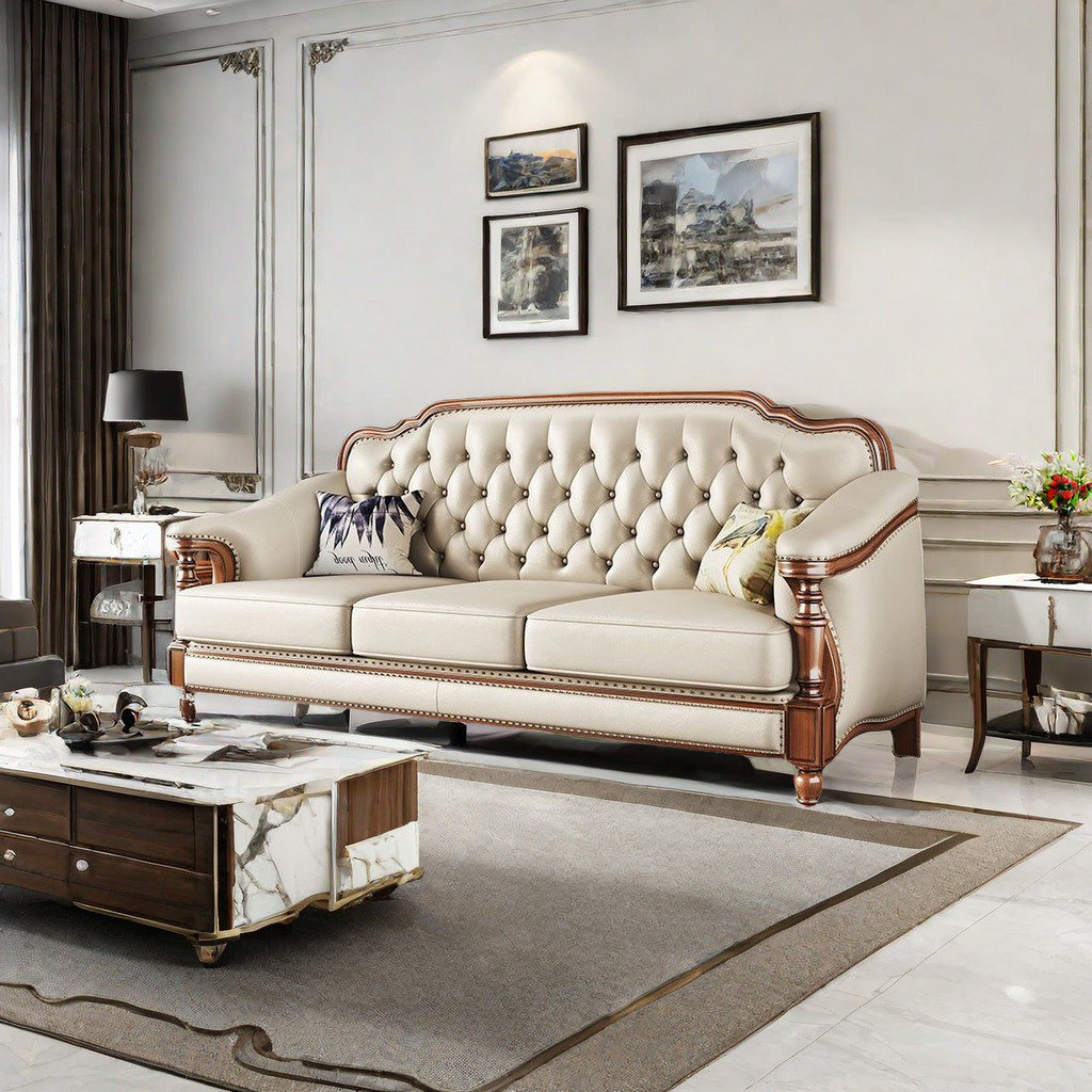 FURNITURE LEISURE, INC. American retro style solid wood leather sofa