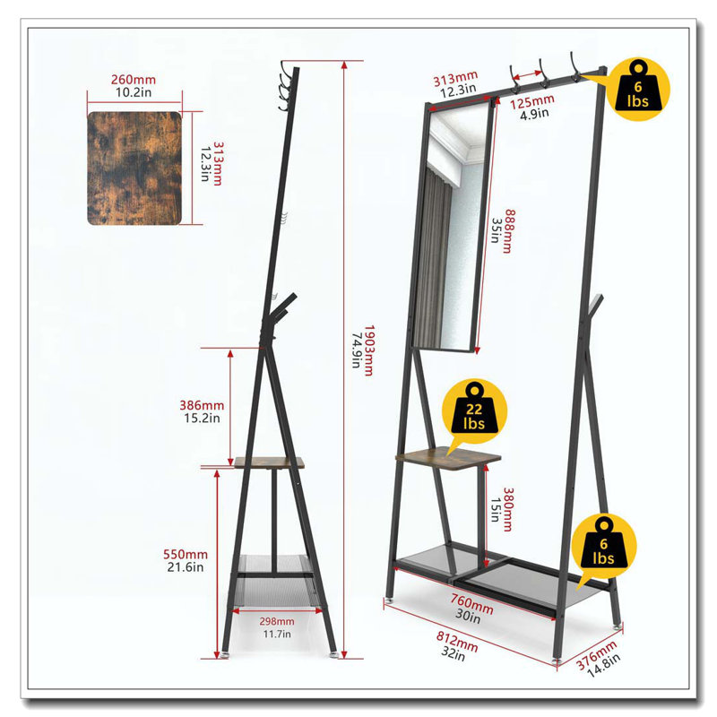 Coat Rack With Mirror, Multifunctional Hall Tree With Shoe Storage